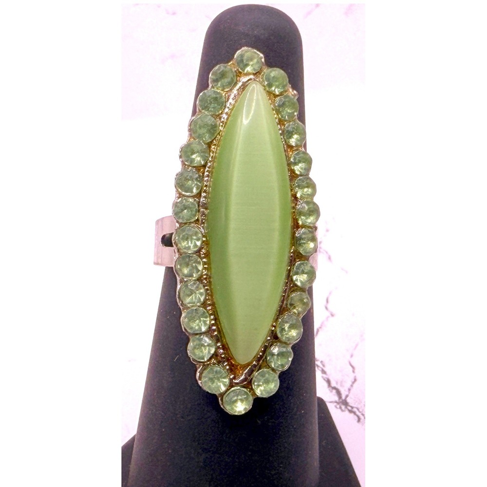 Green Glass Marquise Statement Ring Rhinestone Halo Silver Tone Adjustable 7–7.5